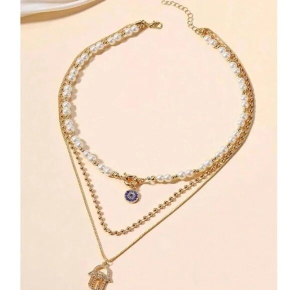 Gold Tone Hamsa Multilayer Necklace - Picture 2 of 6